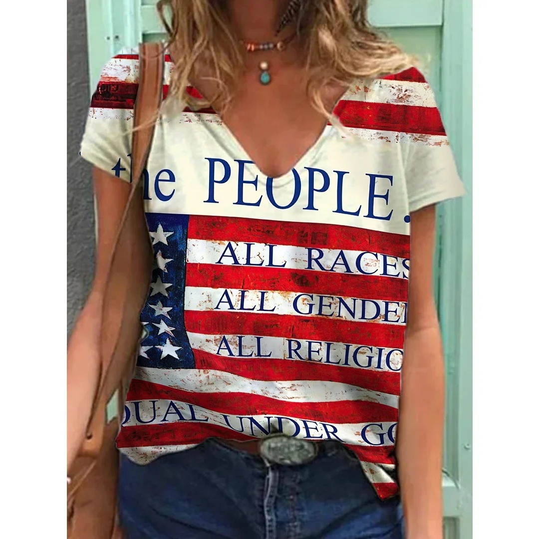 Women's Independence Day printed short sleeved V-neck T-shirt
