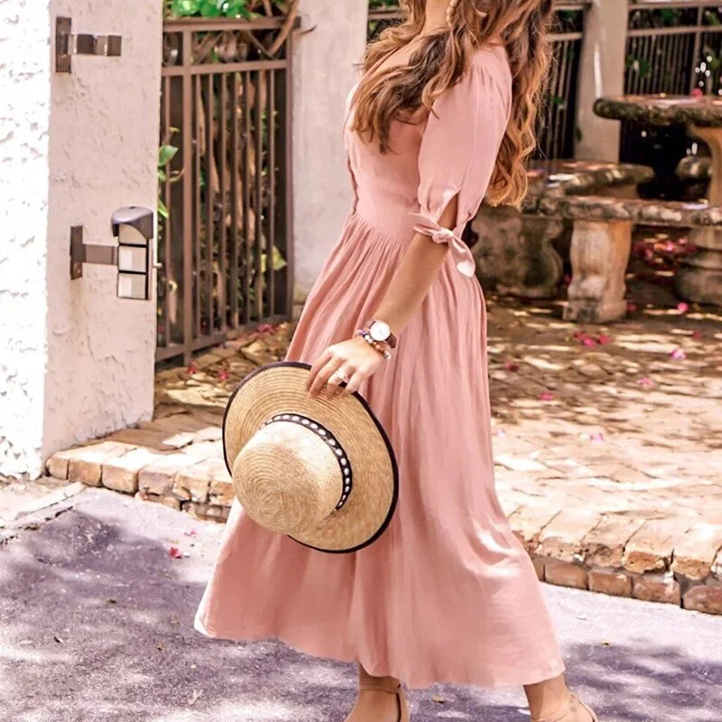 Casual Women Summer Beach Boho Dress Sexy Deep V-Neck Solid Half Sleeve Dress Elegant Lady Button Wrap Midi Party Dress Vestidos