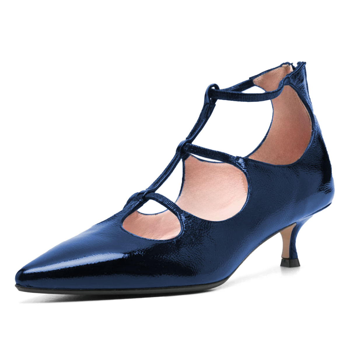 Blue Pointed Toe Zipper Kitten Heel Pumps with T-Strap Design Nicepairs