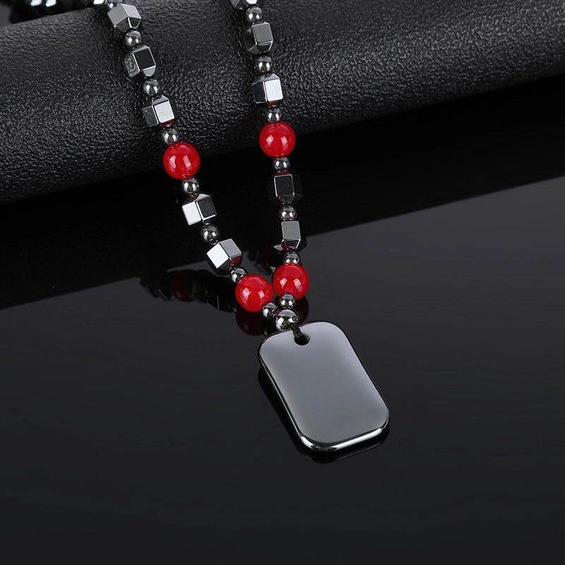 Chinoiserie Geometric Hematite Beaded Unisex Pendant Necklace