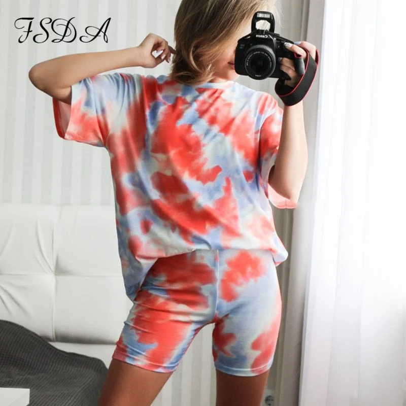 FSDA Women Set Summer Tie Dye Short Sleeve Top Shirt Loose And Biker Shorts Casual Two Piece Set Streetwear Outfits Tracksuits