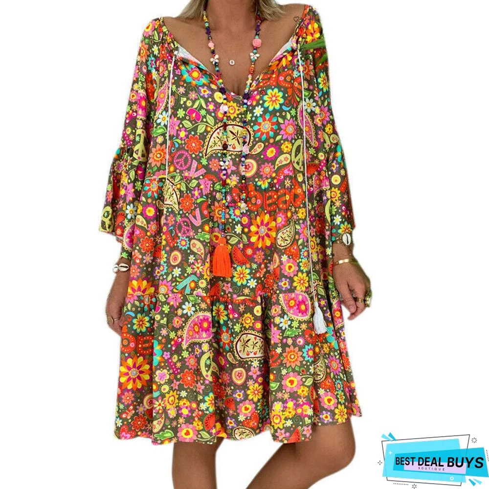 V-neck drawstring loose midi skirt dress