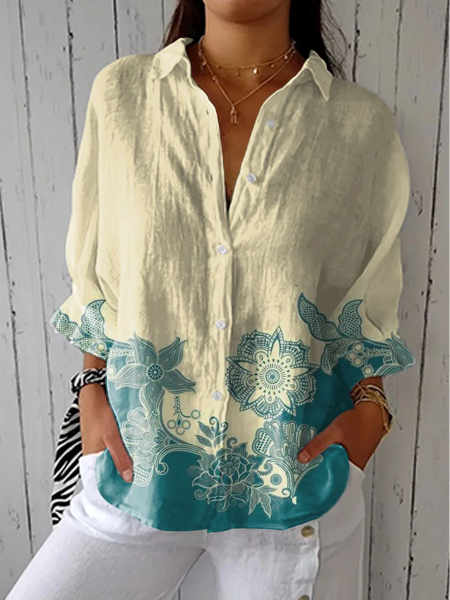 Women's Vintage Flower Art Print Casual Linen V-neck Shirt