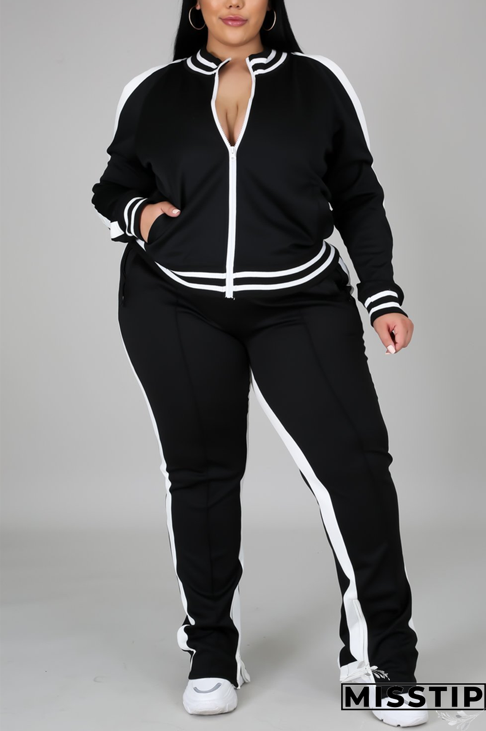 Black Fashion Casual Sportswear Zipper Collar Long Sleeve Regular Sleeve Patchwork Plus Size Set