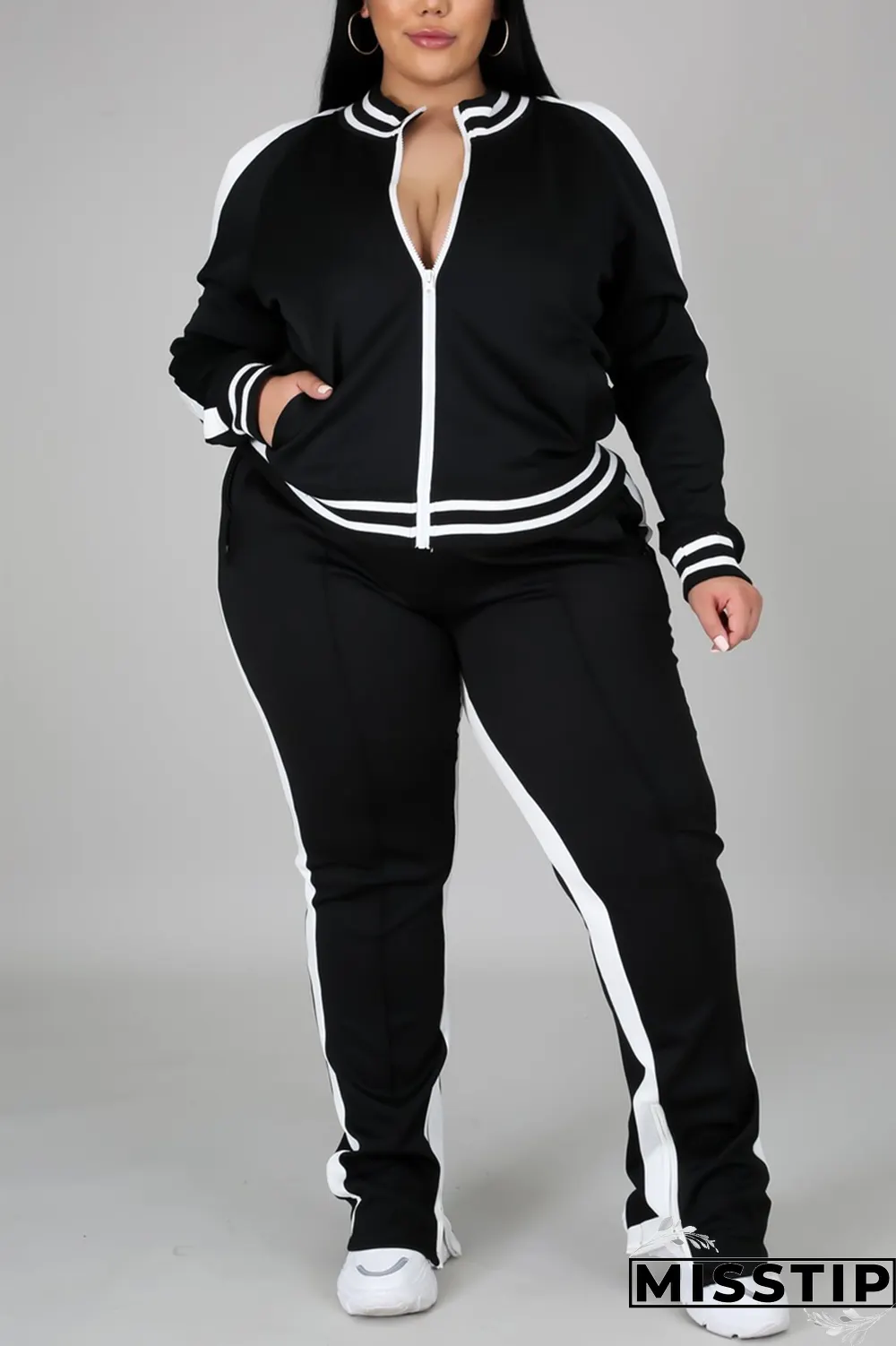 Black Fashion Casual Sportswear Zipper Collar Long Sleeve Regular Sleeve Patchwork Plus Size Set