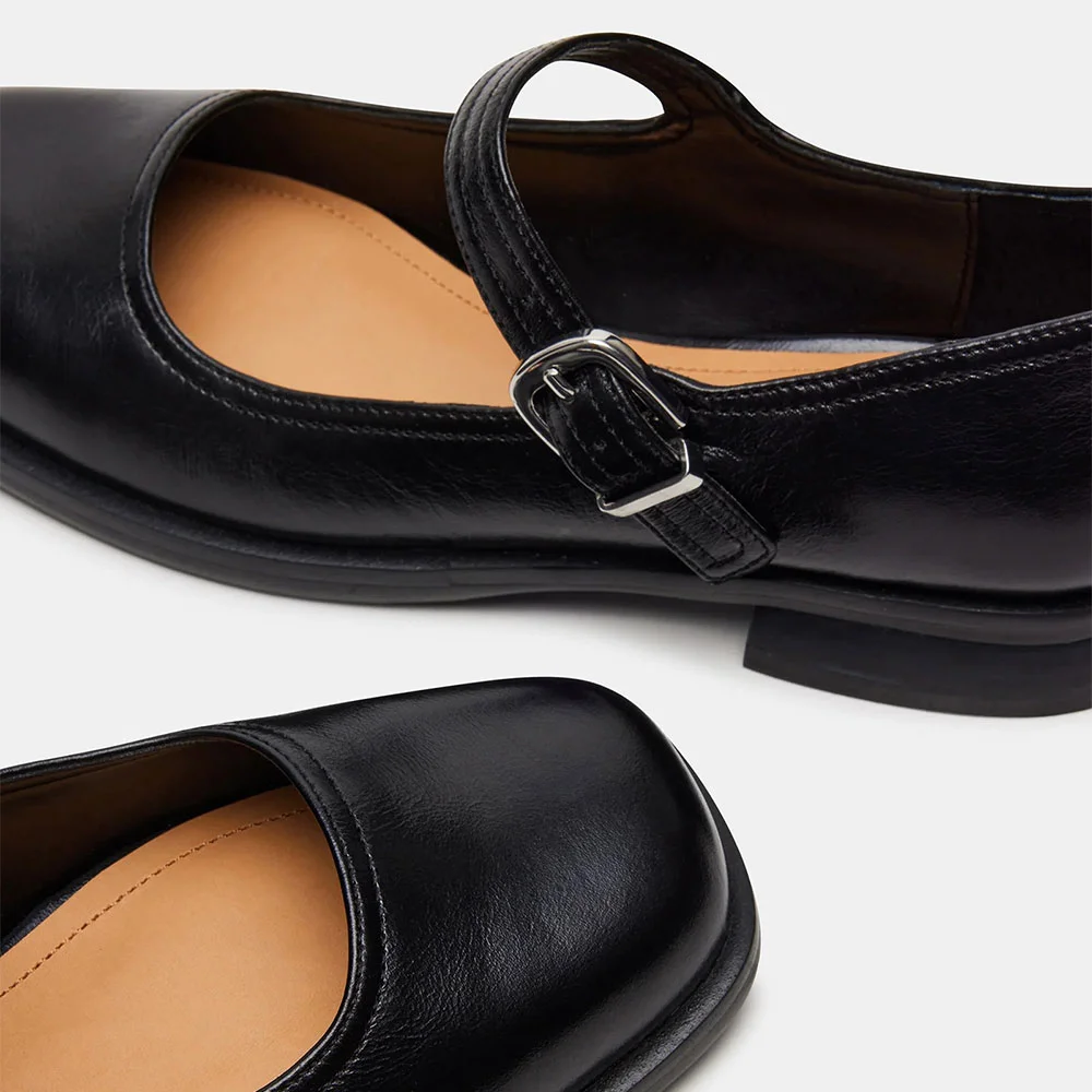 Classic Black Faux Leather Flat Square Toe Buckle Strap Mary Jane Shoes