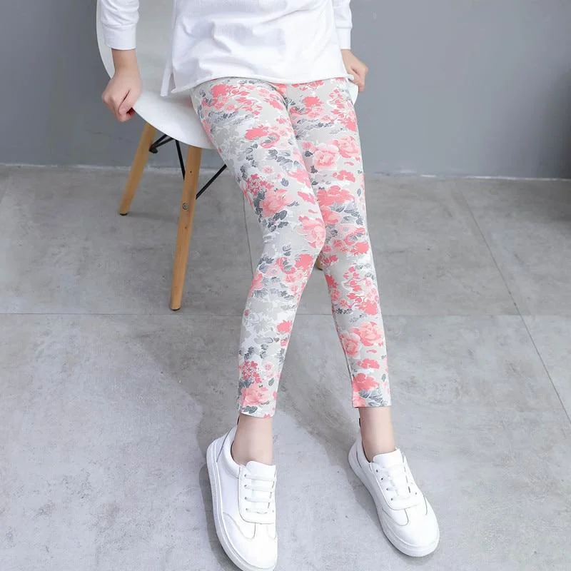 2-10Y Girls Leggings Kids Skinny Bottoms Spring Autumn Flower Print Pants Cute Pencil Pants Children Casual Trousers Girl Capris