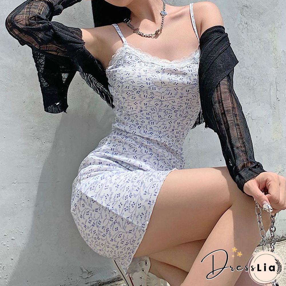 Beautiful Ribbed White Lace Trim Floral Print Dress With Ruffles