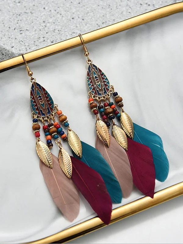 National Original 5 Colors Feather Tassels Beads Chains 6 Colors Earrings
