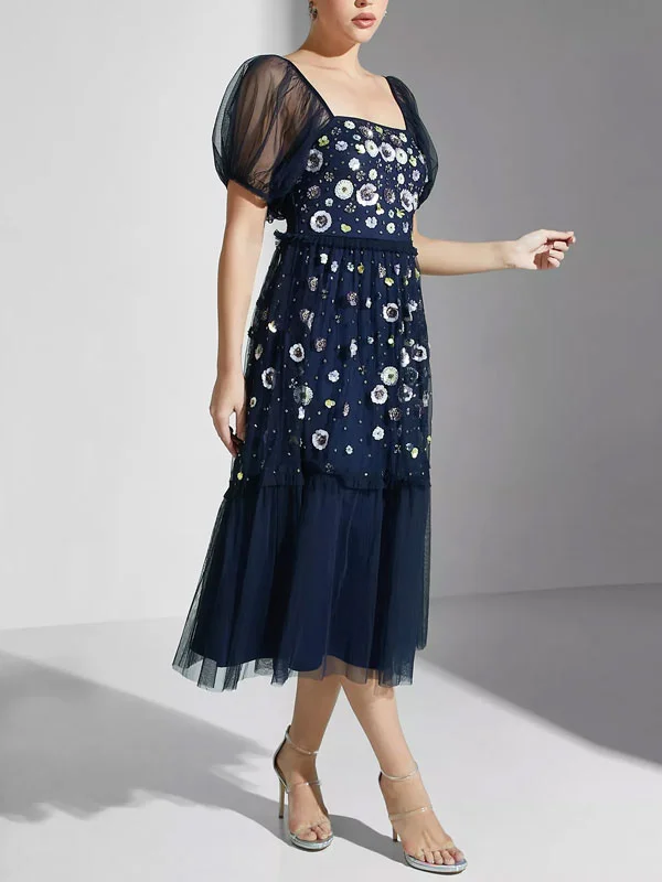 Square Neck Printed Ruffle Detail Dress