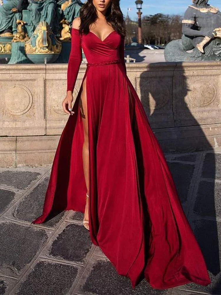 Promsstyle Off shoulder long sleeve deep split maxi swing dress Prom Dress 2023
