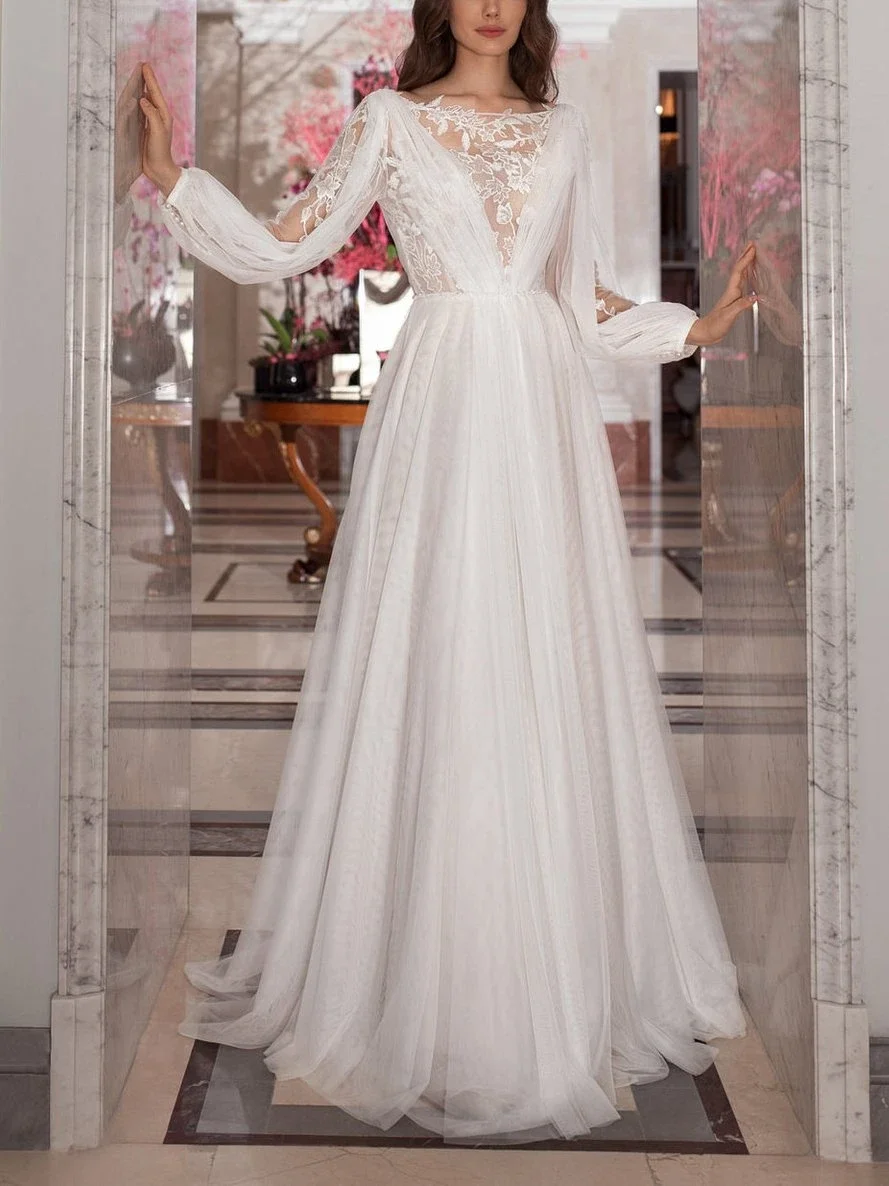 Lace white long-sleeved mesh wedding dress-zachics