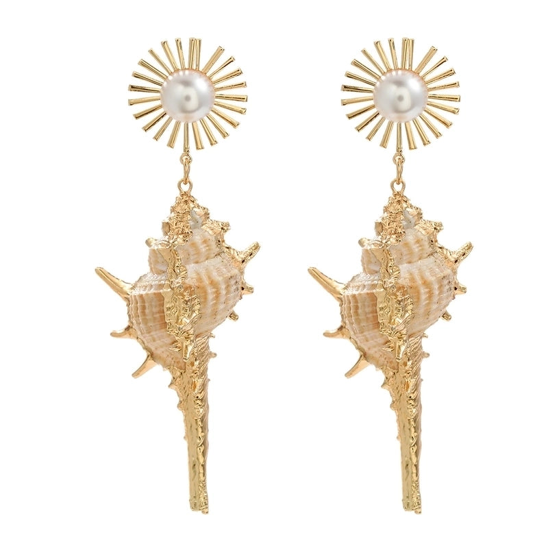 1 Pair Elegant Hawaiian Vacation SUNFLOWER (Jz001) Conch Inlay Alloy Imitation Pearl Shell Drop Earrings
