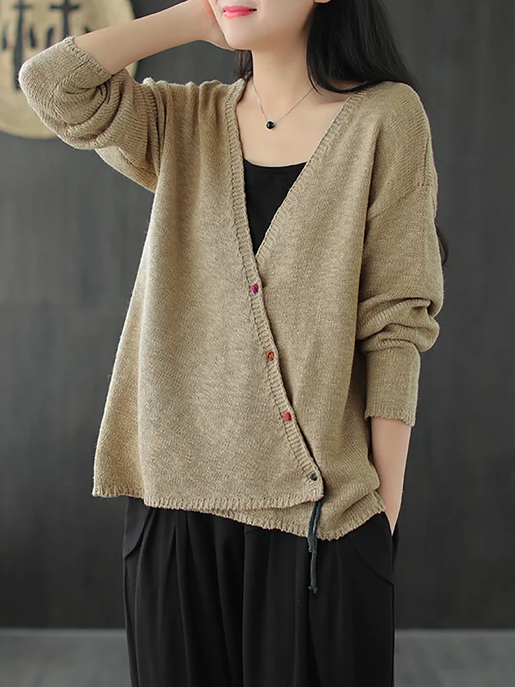 Plus Size - Women Knitted Retro Pure Color V-neck Sweater Coat