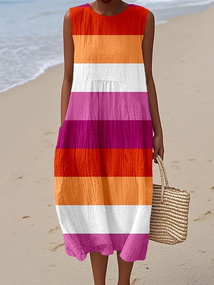 Comstylish Lesbian Pride Flag Pattern Linen Midi Tank Dress
