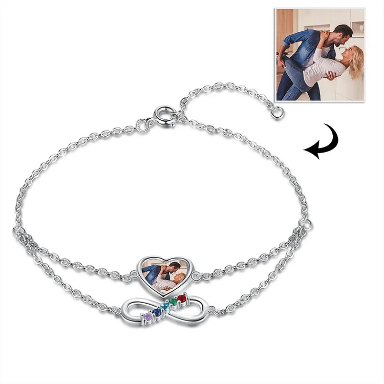 Heart Photo Bracelet Infinity Bracelet with 5 Birthstones Personalized Gift