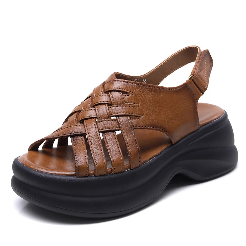 Yyvonne Cowhicked Woven Woven Pine Cake Thick-Soled Sandals Women's Summer New Catch Height Roman Sandals