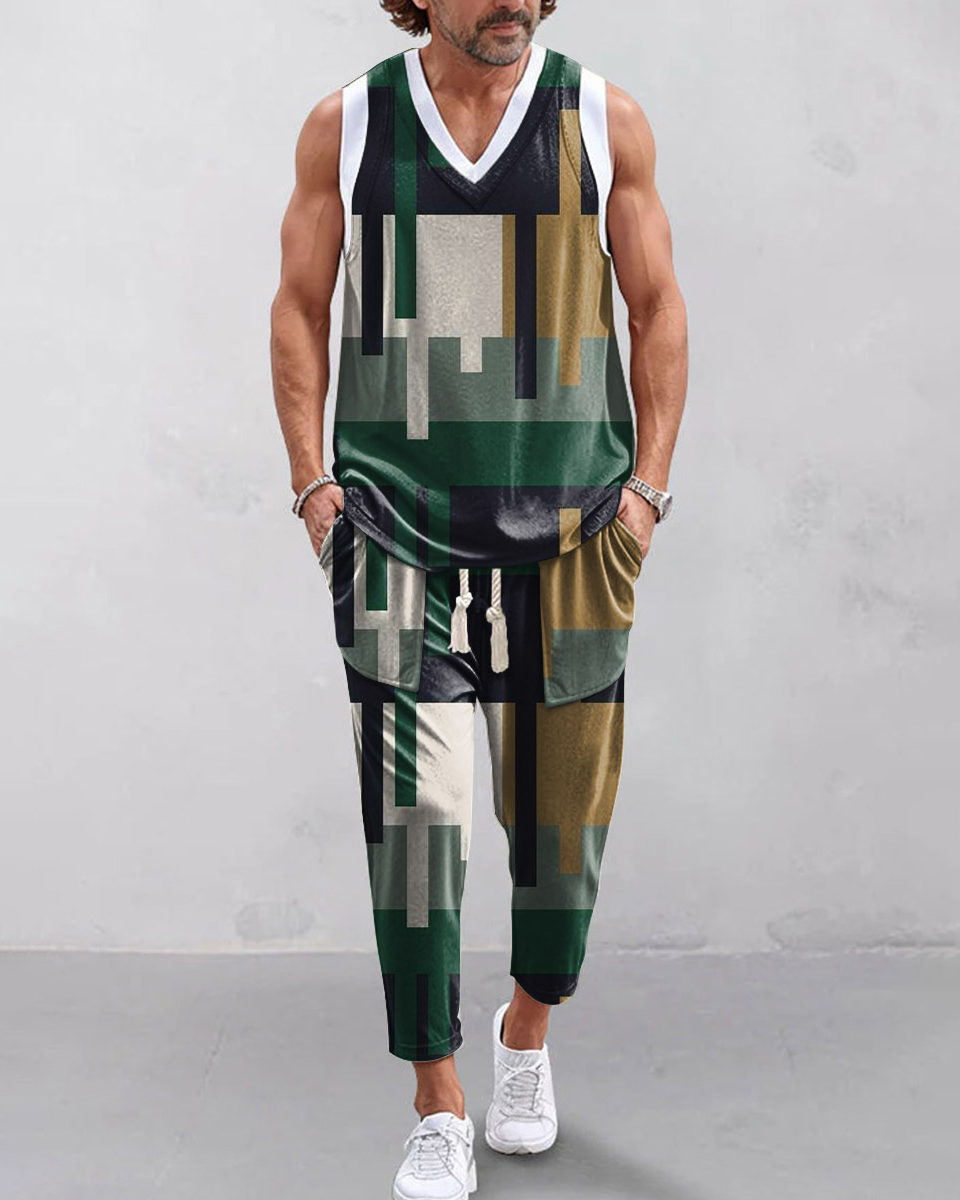 Men's daily casual V-neck vest with trousers Set 009