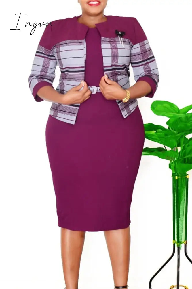 Ingvn - Purple Plus Size Elegant Striped Patchwork With Belt O Neck Wrapped Skirt Two Pieces / 2Xl