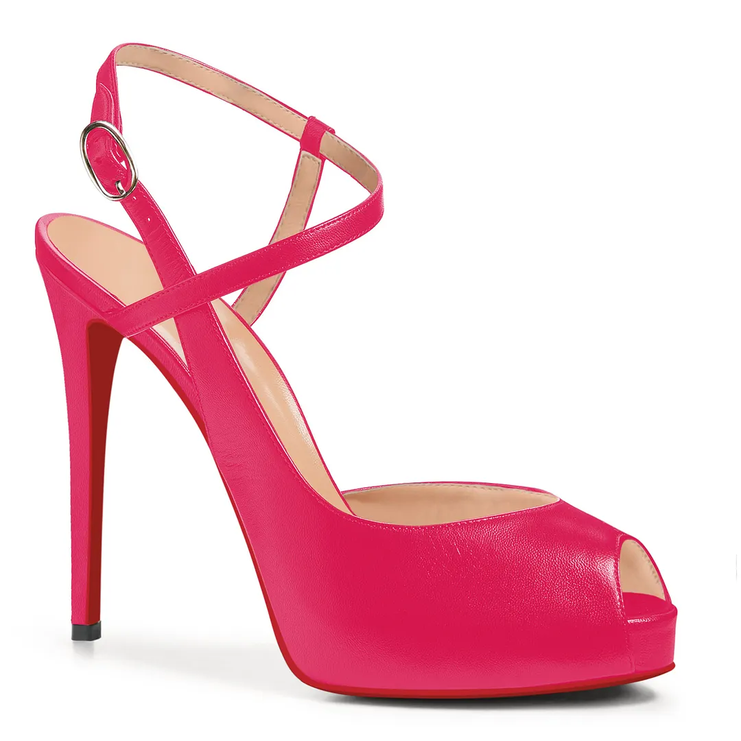 120mm Women Slingback Matte Pumps Ankle Strap Stiletto Peep Toe Dress Red Bottoms Shoes-vocosishoes