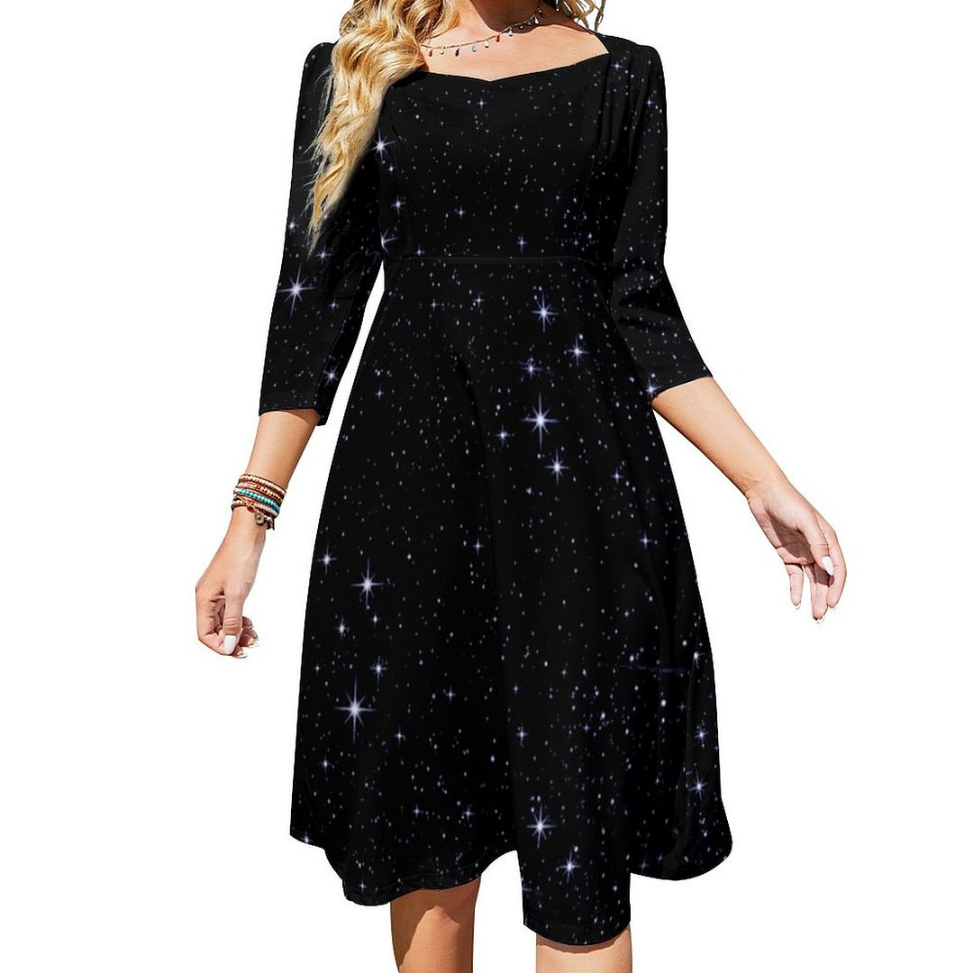 Night Sky With Stars Midnight Black Dress Sweetheart Tie Back Flared 3/4 Sleeve Midi Dresses