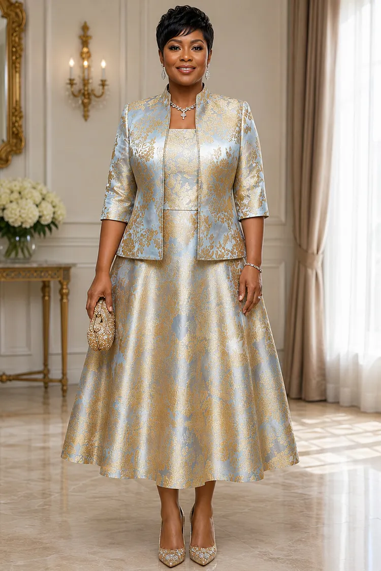 Xpluswear Design Plus Size Formal Gold Half Sleeve Pocket Jacquard Two Piece Dress Set [Pre-Order] 2024 - Xpluswear