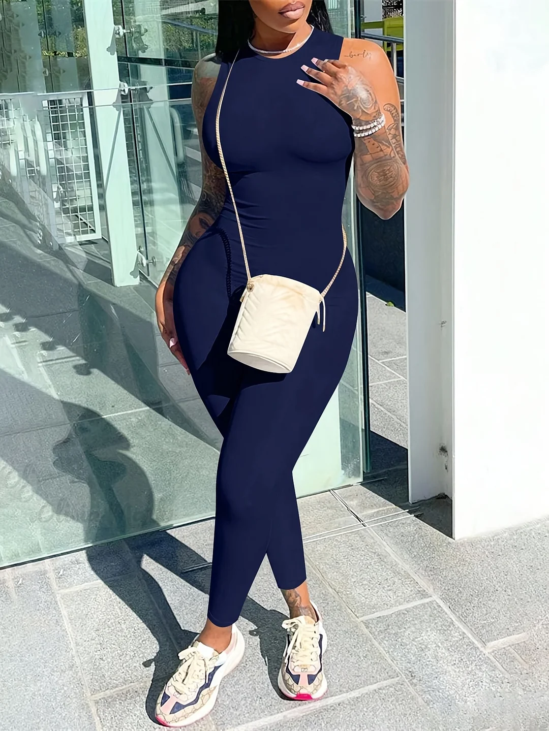 Women's Sexy Slim-Fit Sleeveless Bodycon Jumpsuit - Stretchy Round Neck Solid Color Machine-Washable Spring/Summer Casual Outfit, Summer Fashion, Snug Fit Fabric | IFYHOME
