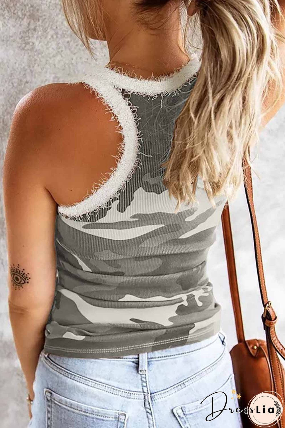 Camouflage Stitching Plush Neckline Tops(3 colors)