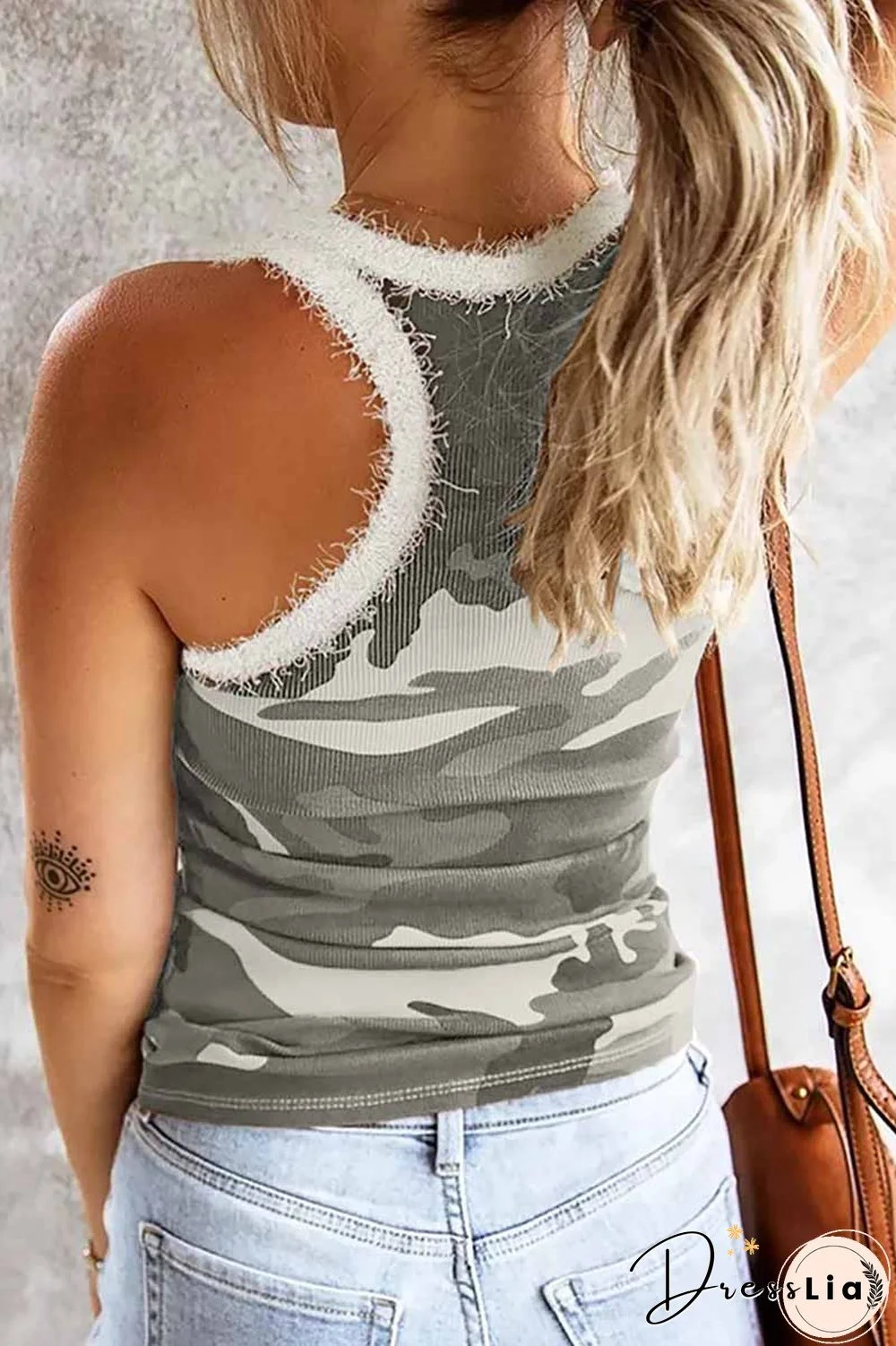 Camouflage Stitching Plush Neckline Tops(3 colors)