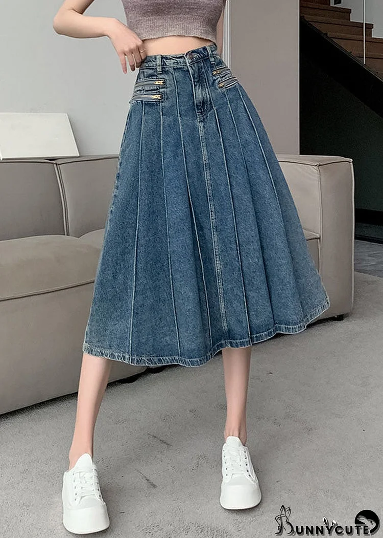 Modern Navy High Waist Zip Up Denim Pleated Skirt Summer