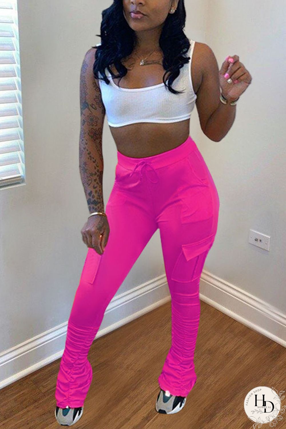 Yellow Drawstring High Solid Pocket Draped Boot Cut Pants Bottoms