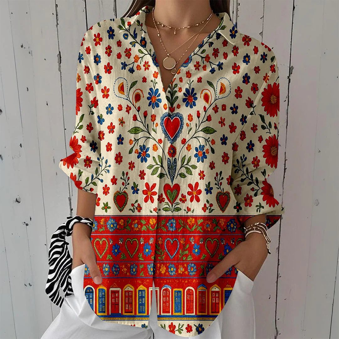 Style & Comfort for Mature Women Women Floral, Retro, Red DZCL0161 3/4 Sleeve Shirt Collar Printed Button Tops