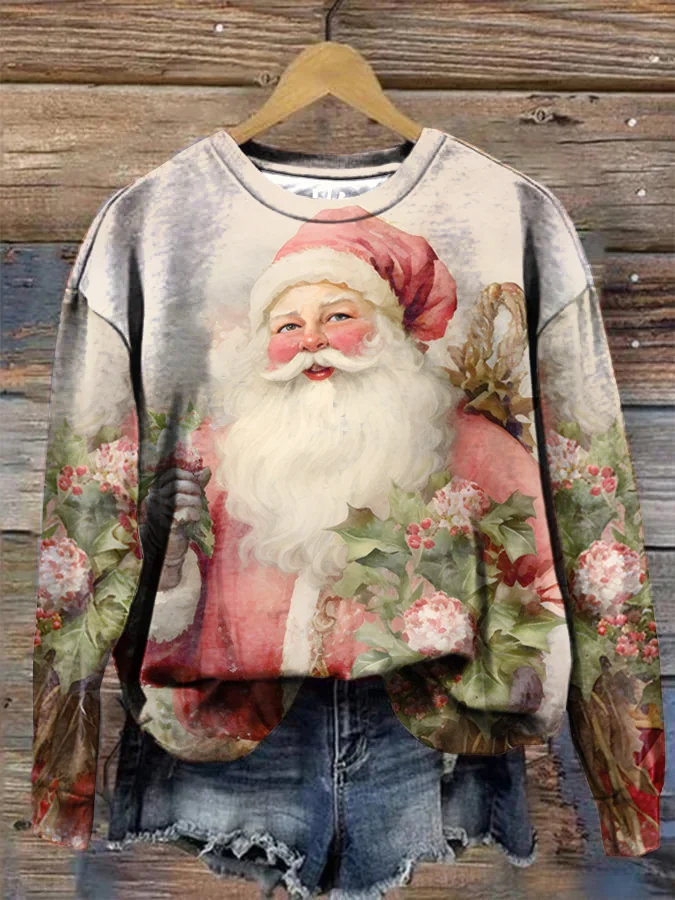 Vintage Pink Santa Floral Print Crewneck Sweatshirt