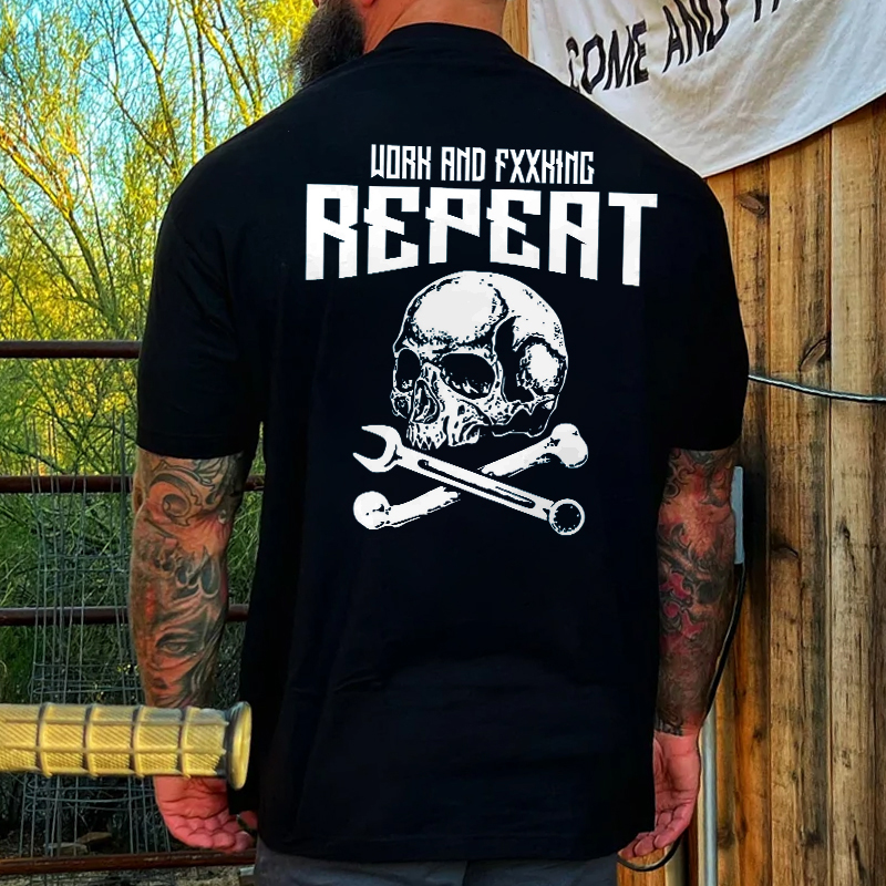 Livereid Work And Fxxking Repeat Skull Printed Men's T-shirt - Livereid