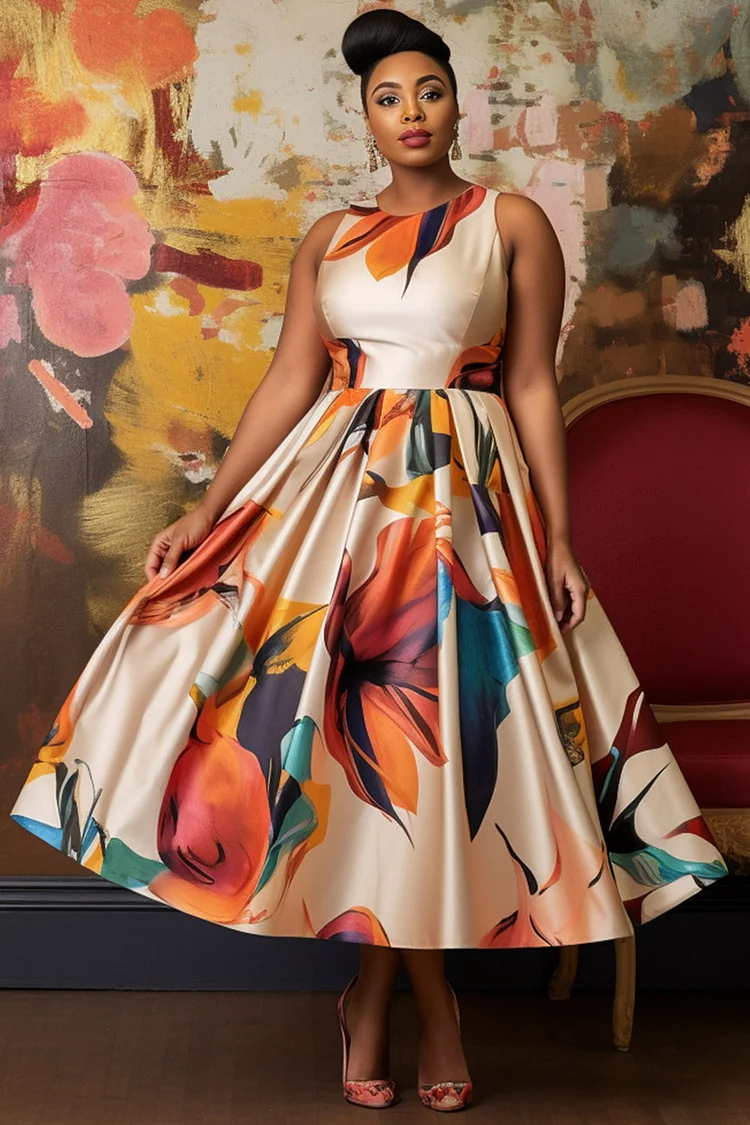 Xpluswear Design Plus Size Wedding Guest Multicolor All Over Print Round Neck Pocket Vintage Midi Dresses [Pre-Order] 2024 - Xpluswear