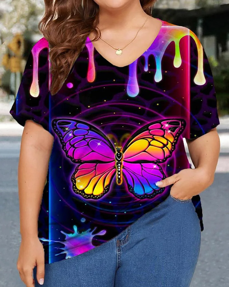 Personalized Gradient Color Butterfly Print V-neck Plus Size Women's Short Sleeve T-Shirt