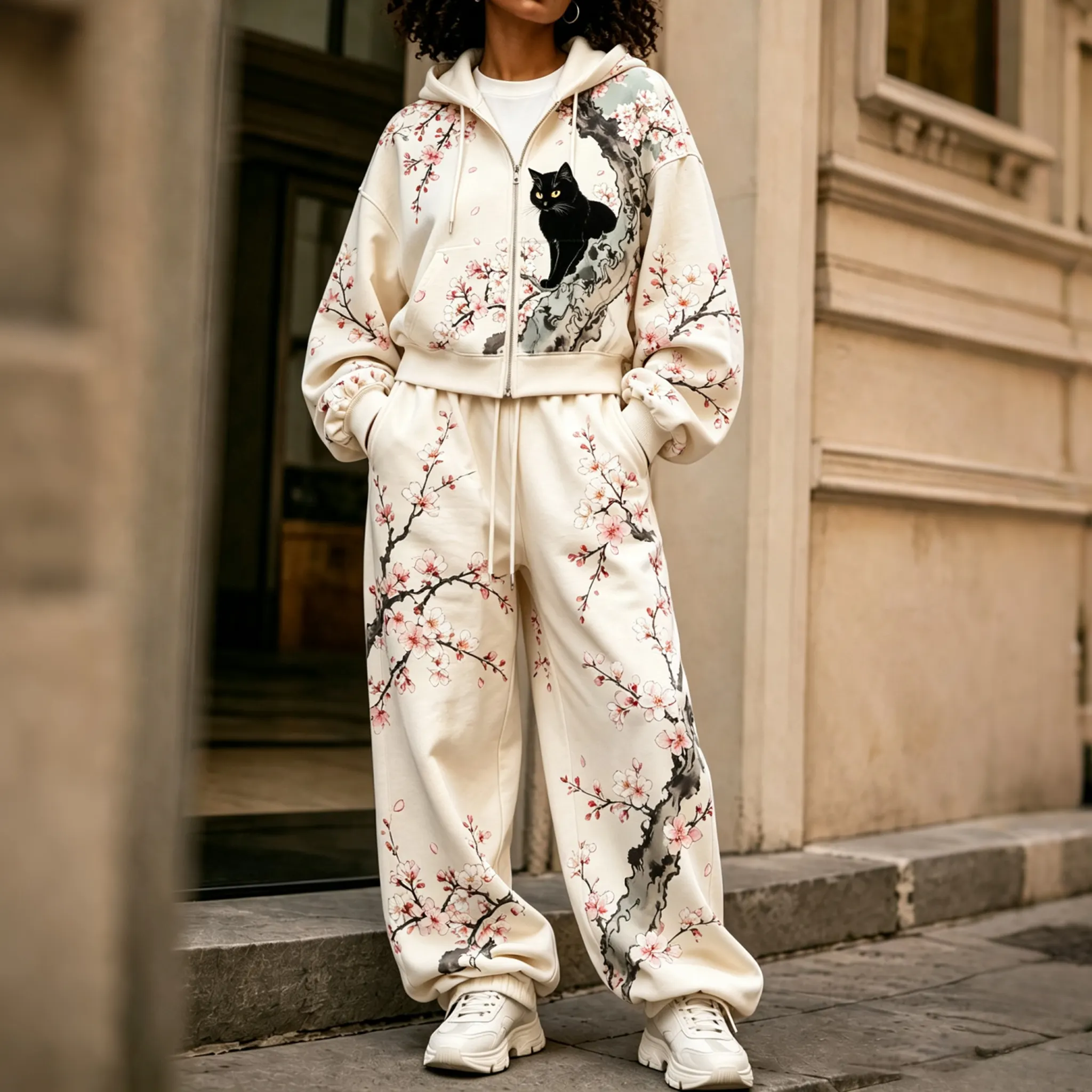 Comstylish Comstylish Women's Japanese Cherry Blossom And Cat Art Print Casual Zip Up Hoodie Two Piece Set
