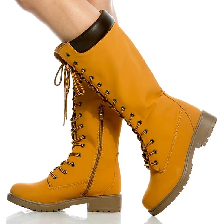 Women's Mustard Lace Up Boots Retro Casual Mid Calf Flat Boots |FSJ Shoes