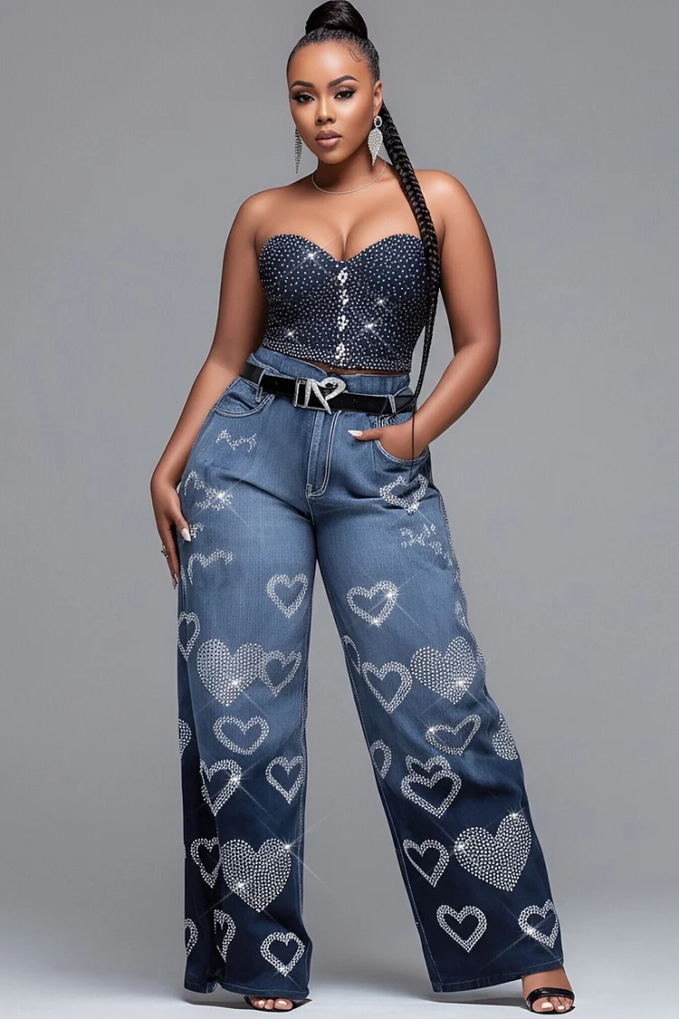 Xpluswear Design Plus Size Festival Blue Drilling Casual Denim Jeans [Pre-Order]