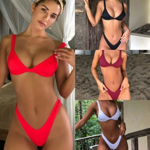 Sexy Women Bikini Set Solid Swimsuit Thong Bathing Suit Swimwear Beachwear   Summer Swimming Suit