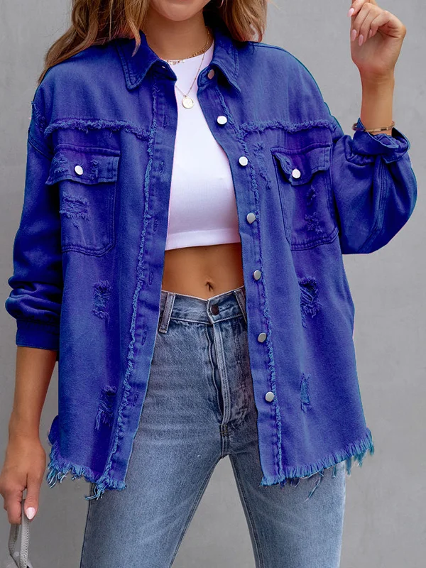 Long Sleeves Loose Fringed Pockets Lapel Outerwear