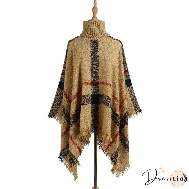 Sweater women's mid-length high collar fringe cape loose large size knit