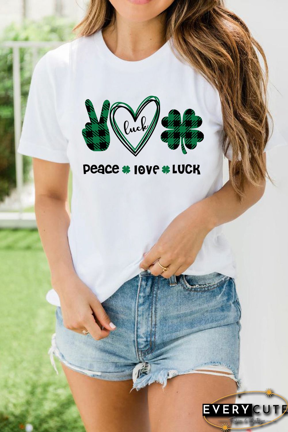 White St. Patrick's Day Letter Plaid Clover Graphic Print T-shirt