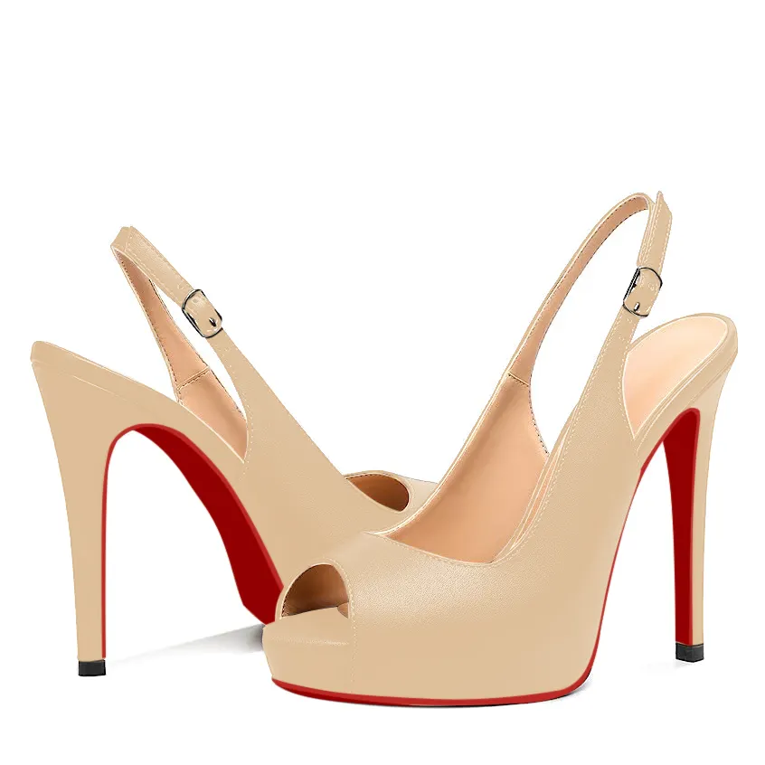 120mm Strap Slingback Sandals Peep Toe Platform Stilettos Red Bottom Matte Heels-vocosishoes
