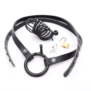 pornhint Pornhint Black Cock Cage with Bondage Belt in Italian Leather, Male Cuckold Chastity Device or Penis Lock with Belt, BDSM Fetish Toys for Men