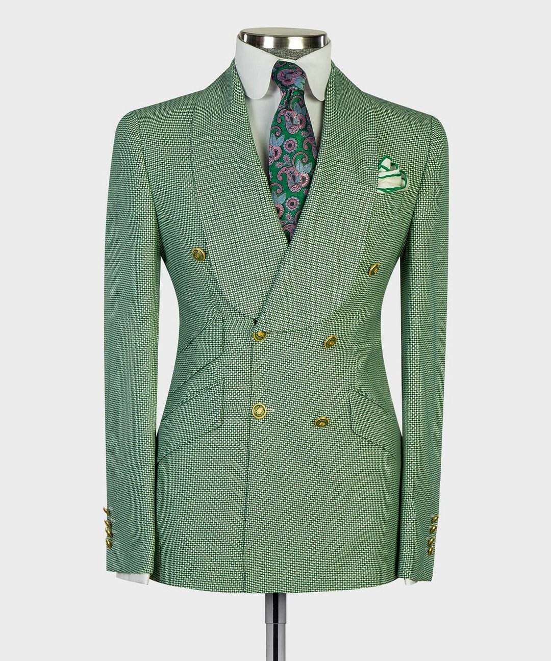 Men's green double breasted wide shawl lapel 2pcs suit.