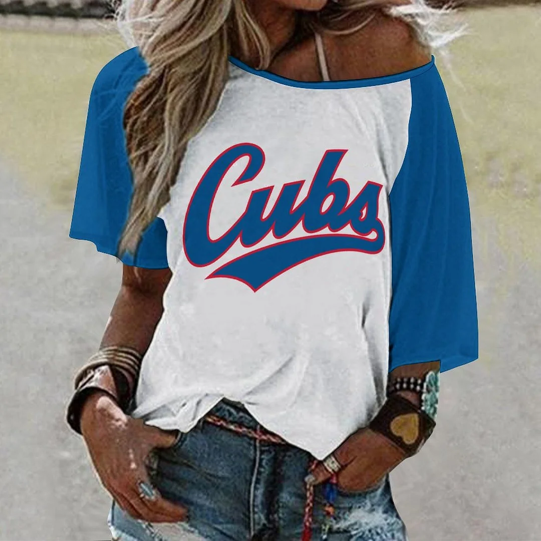 Shoulder Off  Loose Short Sleeve Casual T-shirt for Women Printed with Pattern,Blue,Red