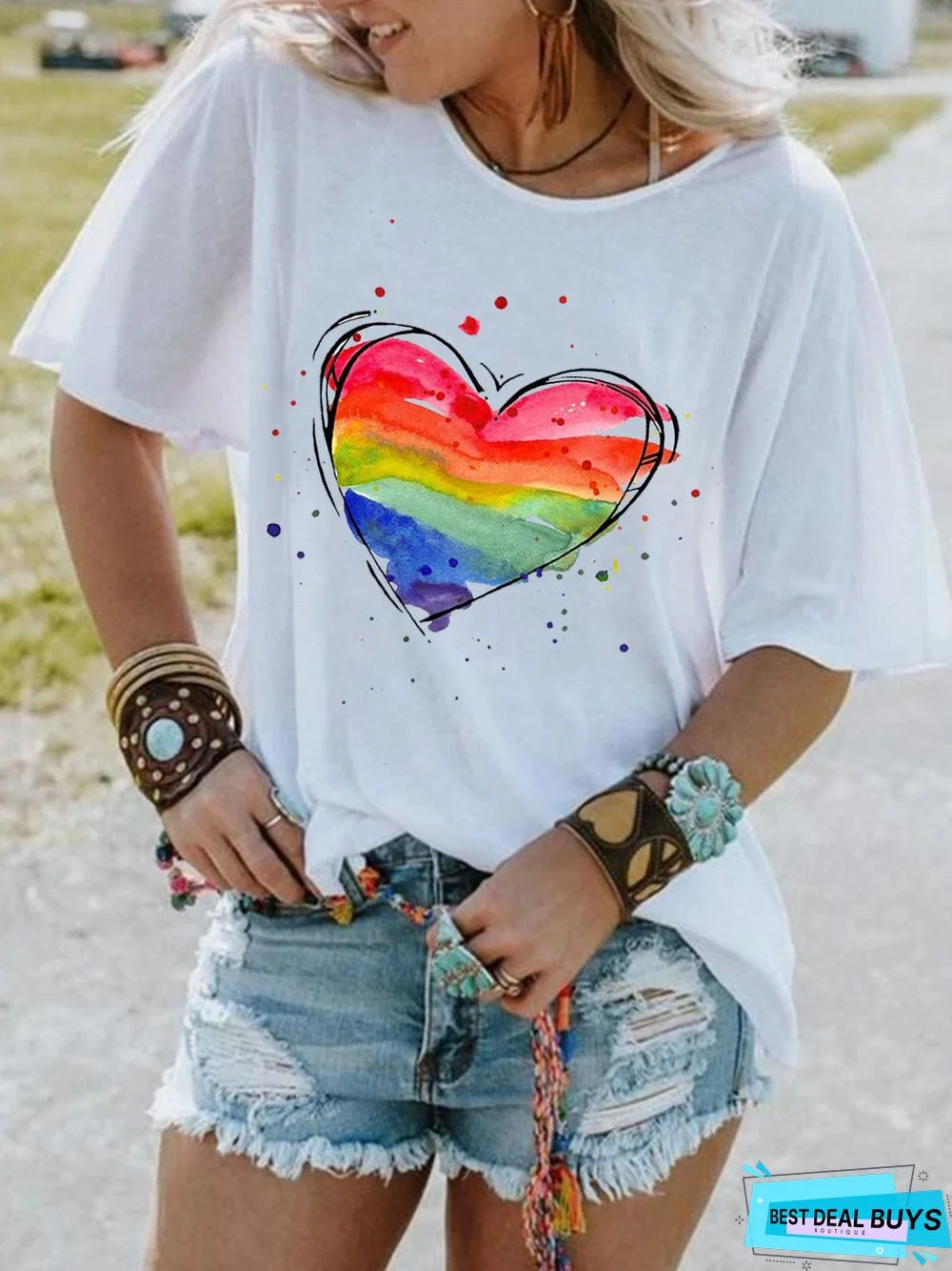 White Ombre/tie-Dye Floral-Print Casual T-shirt