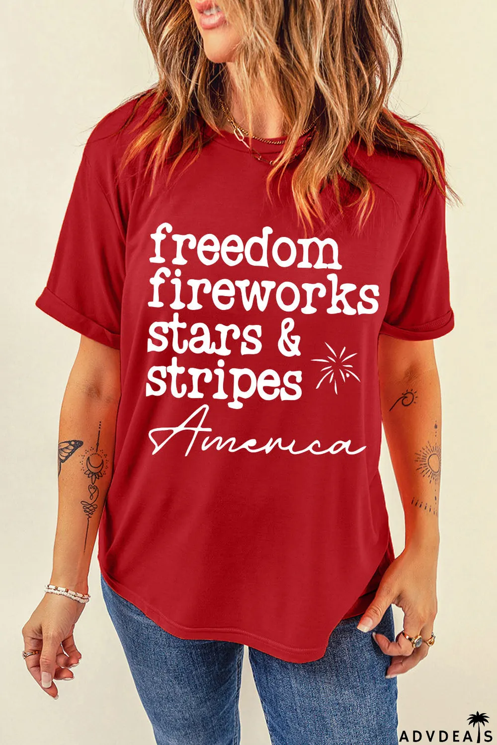 Red American Freedom Day Slogan Print T Shirt