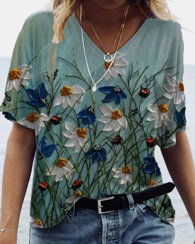 Colorful Flower Painting Short Sleeve Shift V Neck Shirts & Tops